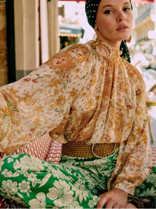 Sezane Tops - SEZANE Orange Tan Boho Floral Patchwork Flowy Chiffon Tie Back Solange Blouse